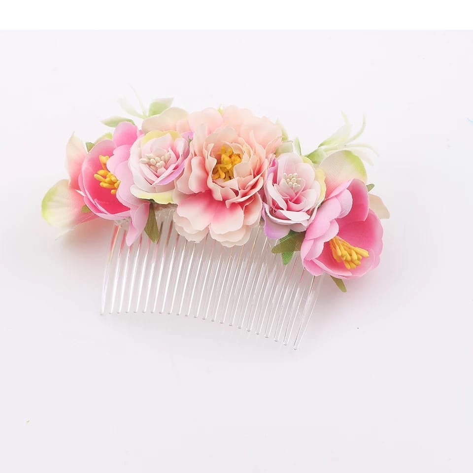 Pink flower hair comb