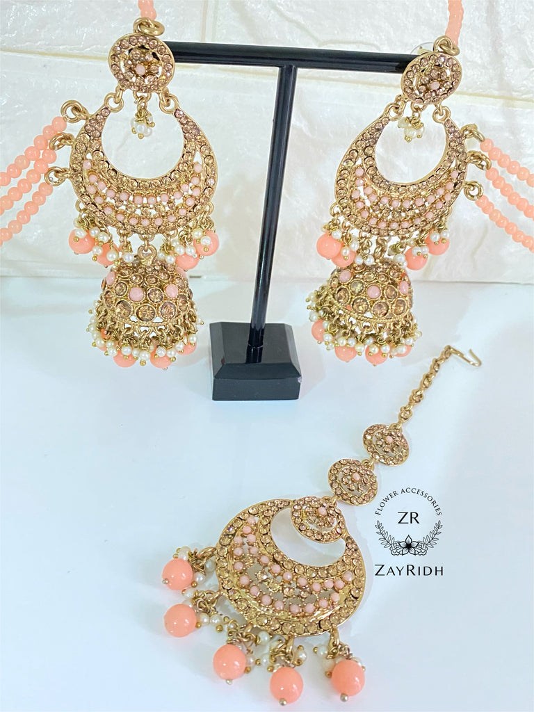 Hazera Peach Earrings & Tikka