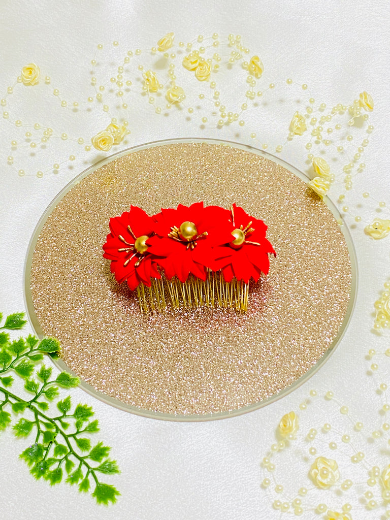 red and gold flower hair comb