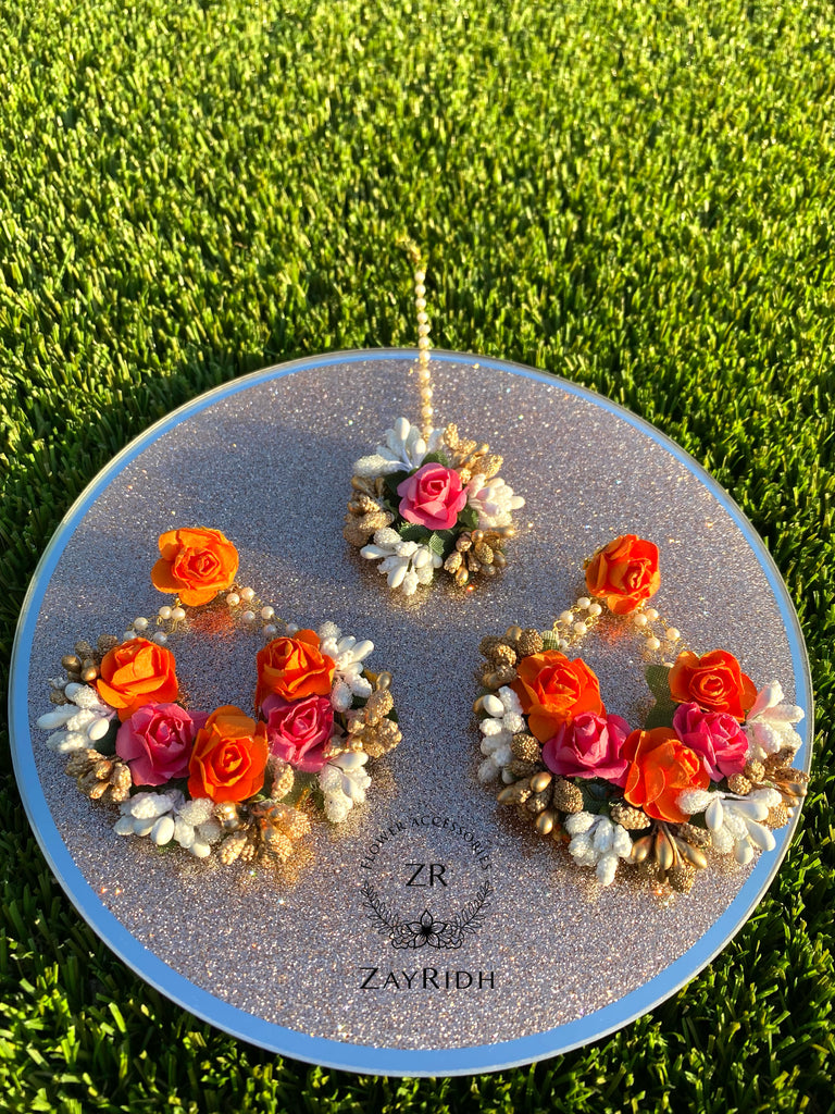 Artificial flower earrings and tikka 