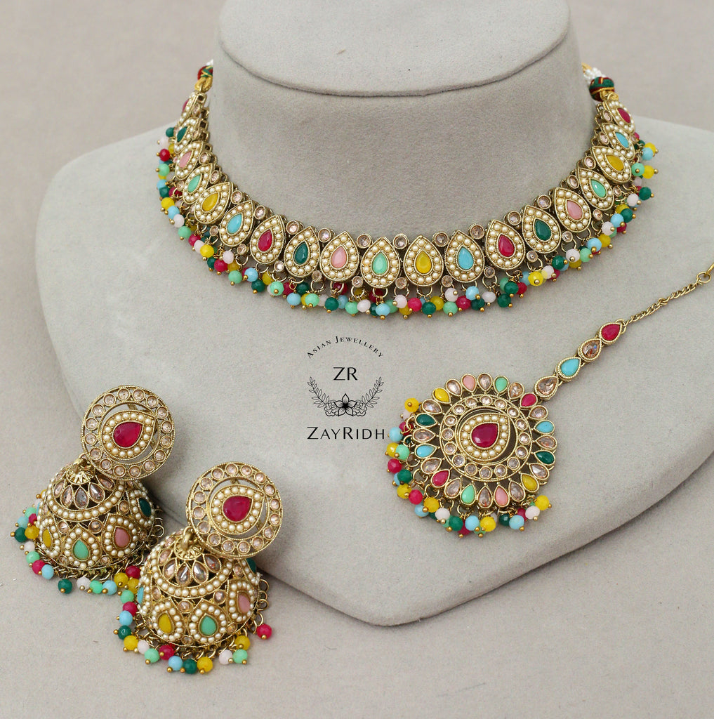 multi colour choker with jhumka and tikka