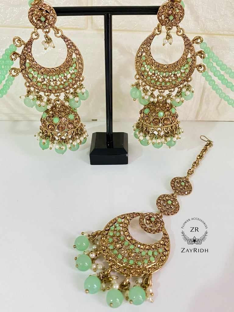 Hazera Mint Gold Earrings & Tikka