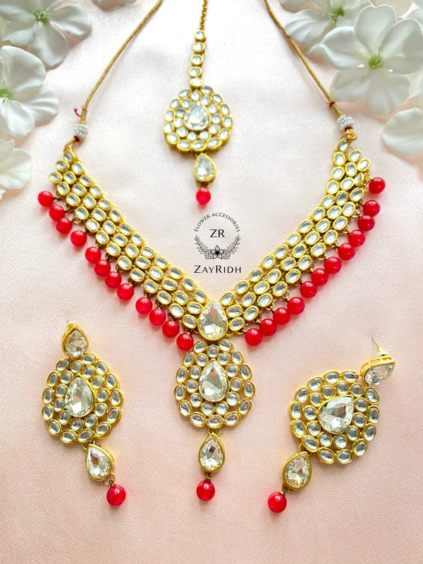 Red Necklace, Earring & Tikka Set N20