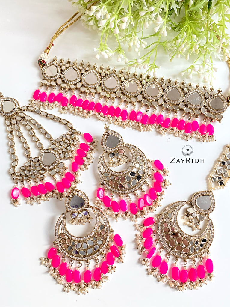 Pink Asian mirror necklace set 